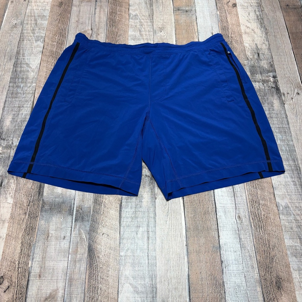 Lululemon Athletic Shorts Men XL Blue Mesh Stripe Zipper Pockets Running Gym